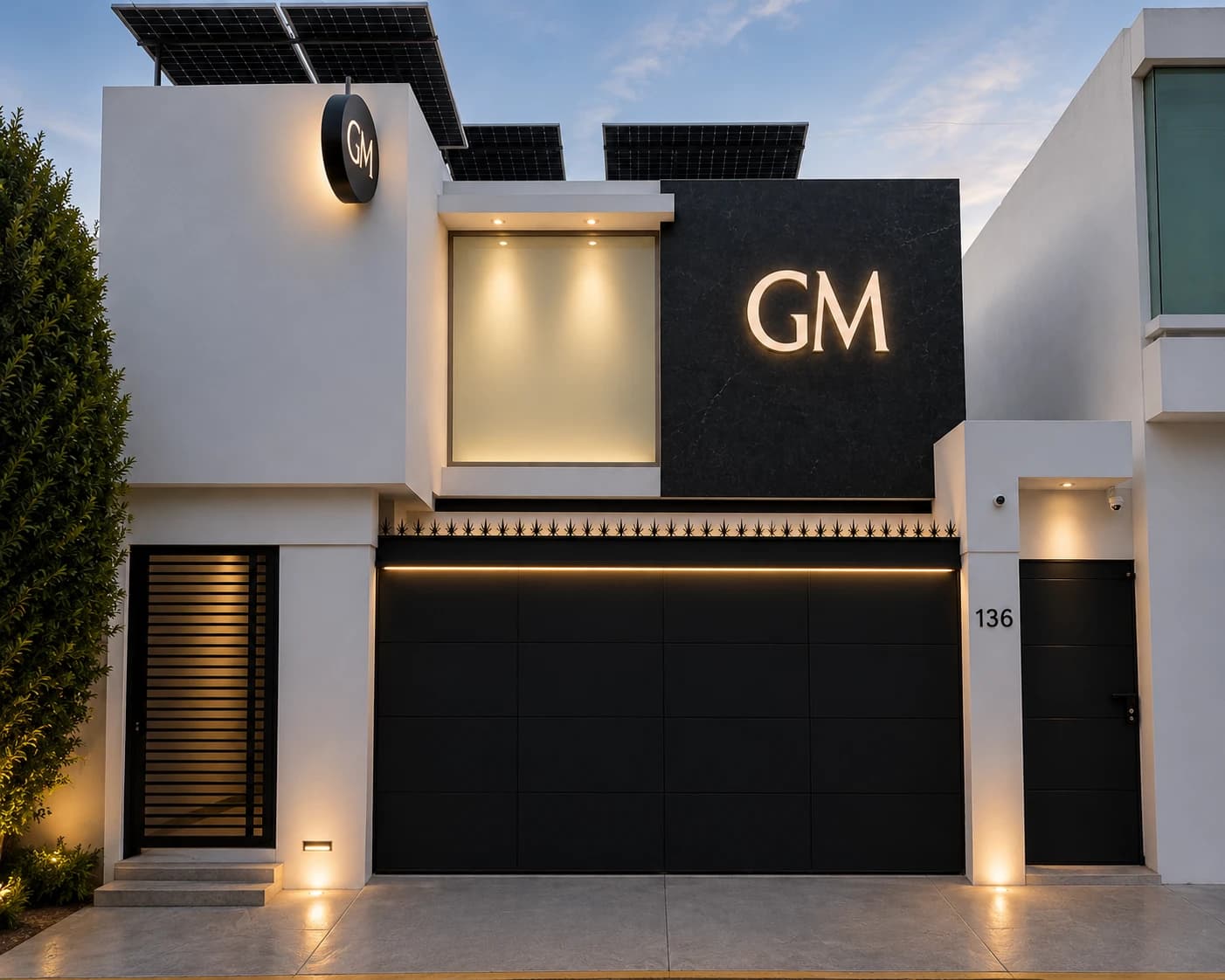 Fachada de la sede GM Aesthetics en San Luis Potosí, con el monograma GM iluminado
