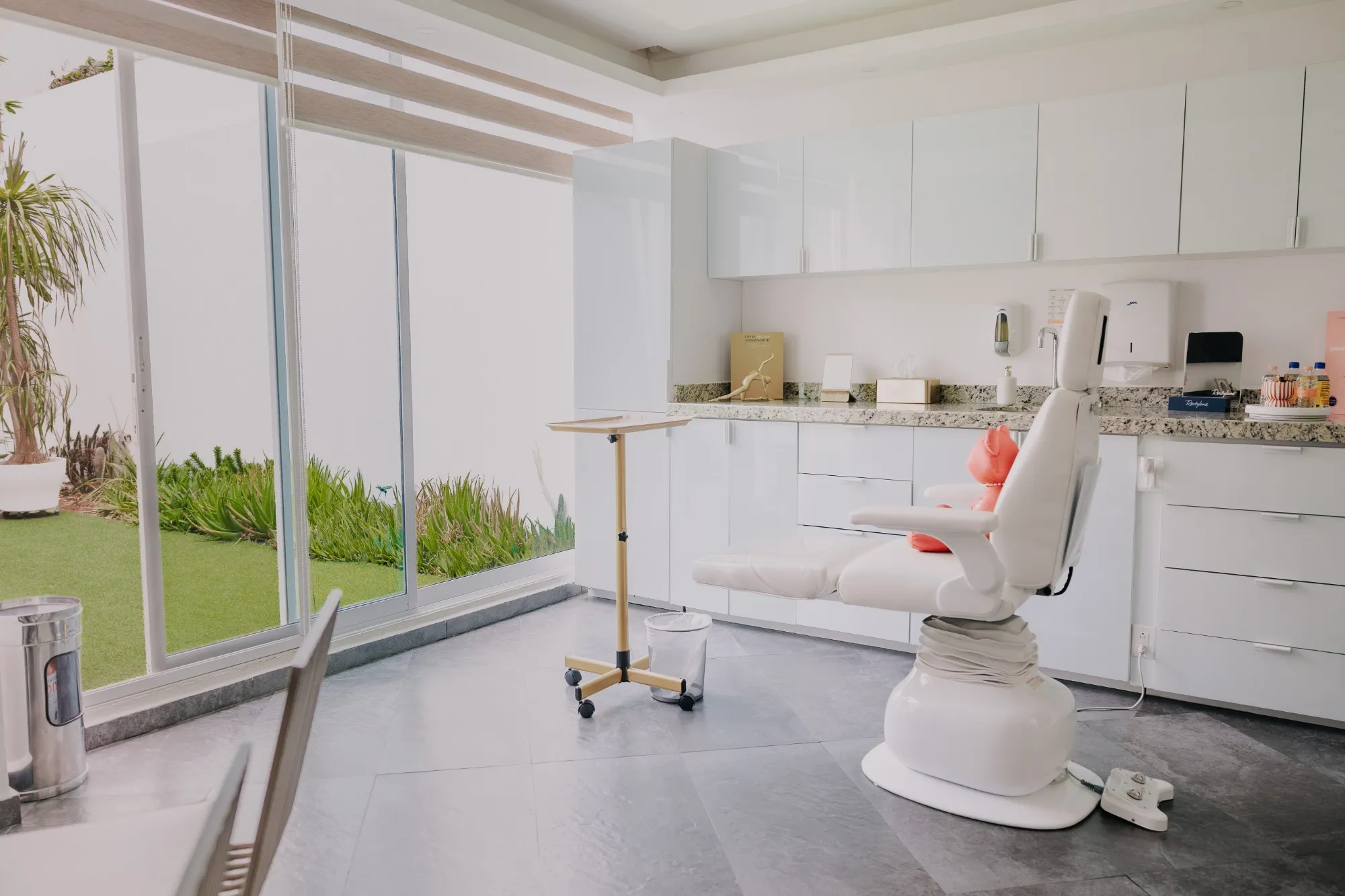 Cabina de GM Aesthetics en San Luis Potosí: sillón de tratamiento blanco junto a un ventanal con vista al jardín